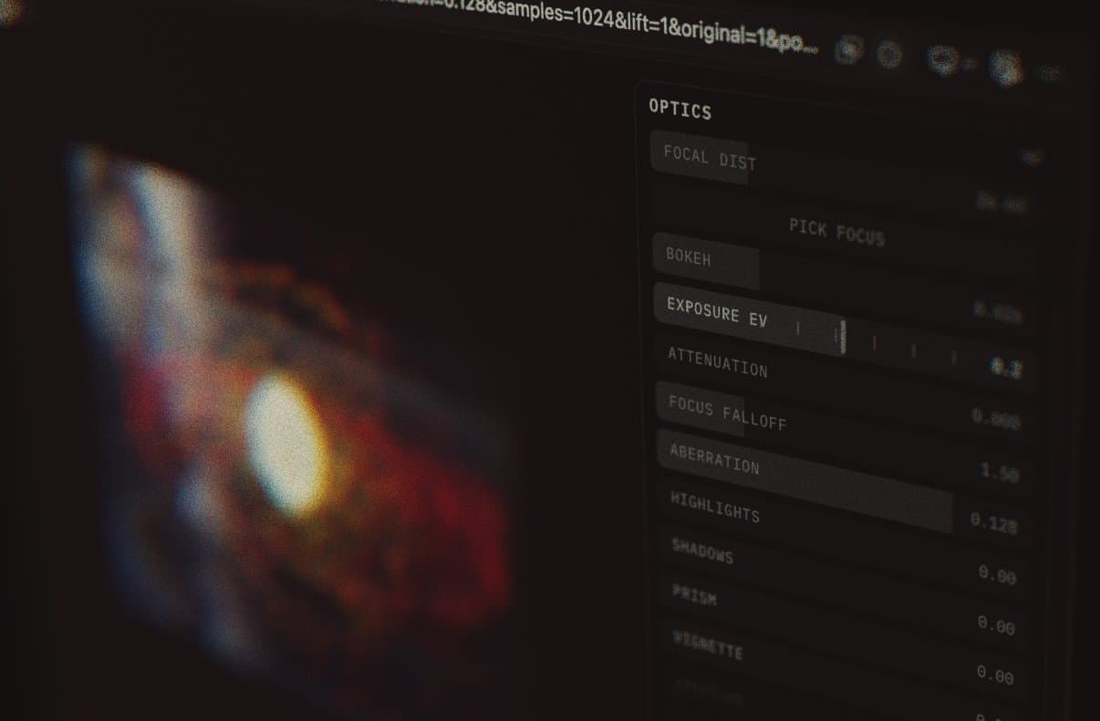 A settings panel called Optics seen at an angle, with focal distance, bokeh, exposure, attenuation and aberration, next to a blurred glowing shape